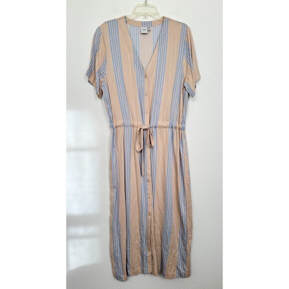 ICHI Striped Tunic Dress Button Down Waist Tie Tan Blue Beach Resort Women's XL - Picture 1 of 9